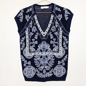 Tory Burch Merino Wool Lightweight Embroidered Short Sleeved Sweater XS